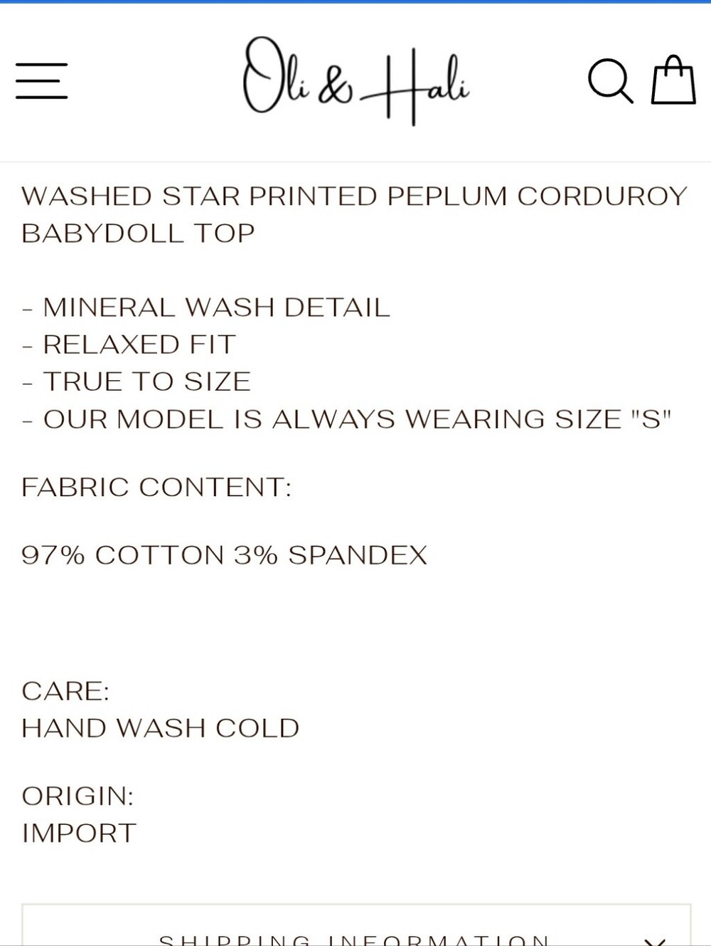 #294. Oli&Hali Wash Star Printed Peplum Corduroy Babydoll Top - Picture 7 of 8